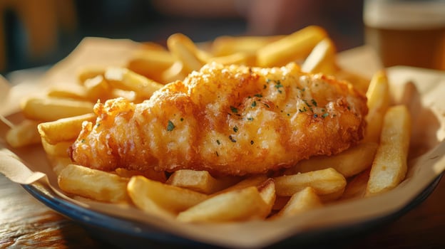 Plate of fish and chips with a side of fries photo