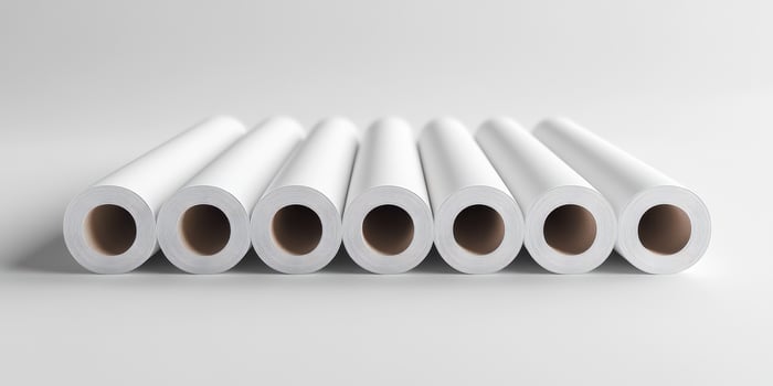 Multiple rolls of blank paper arranged neatly in a row against a white background for various artistic and printing purposes photo