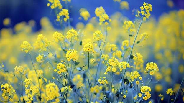 bright yellow flowers in a field with a dreamy blue background photo