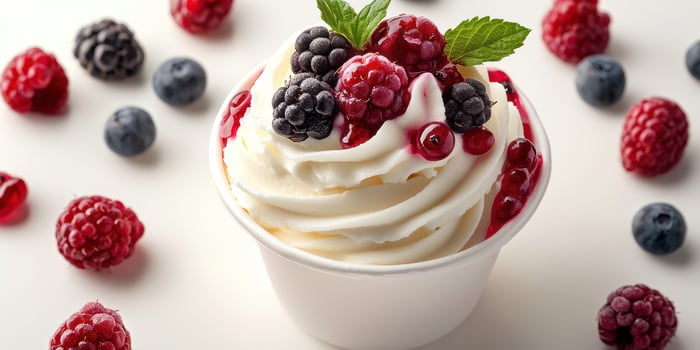 Delicious frozen yogurt topped with fresh berries and mint on a white background photo