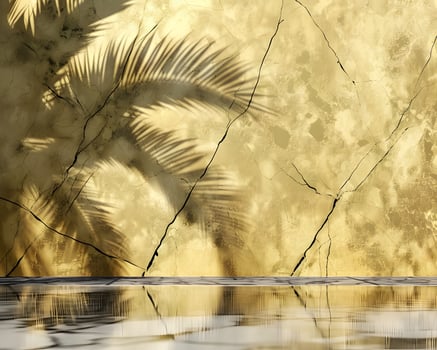 Gold Wall with Palm Frond Shadows and Water Reflection photo