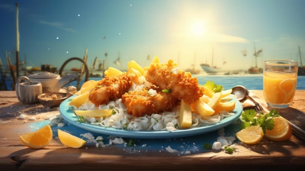 A plate of fish and chips on a table by the water photo