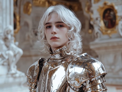 A young person in shining armor stands in a grand hall photo