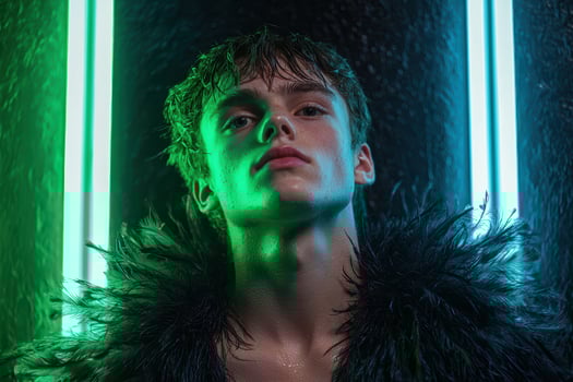 A young man with a feather boa under neon lights photo