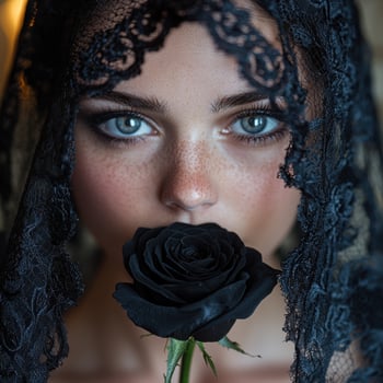 Mysterious woman with black lace veil holding a black rose in her mouth photo