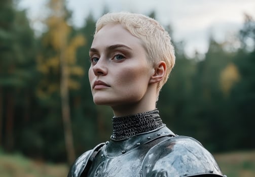 A woman with short blonde hair wearing medieval armor photo