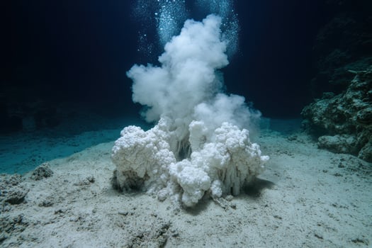 Underwater hot spring vent with white mineral deposits and rising gas bubbles photo