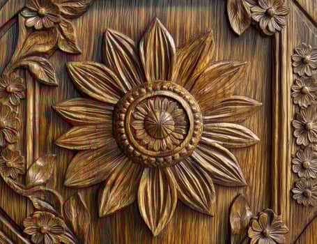 A detailed wood carving of a sunflower and floral border photo