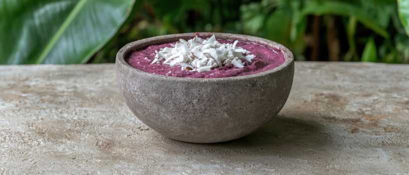 A bowl of purple smoothie topped with coconut flakes photo