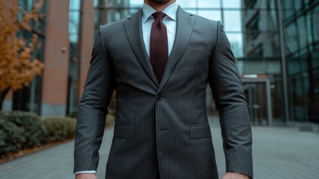 Professional businessman in suit standing in front of office building photo