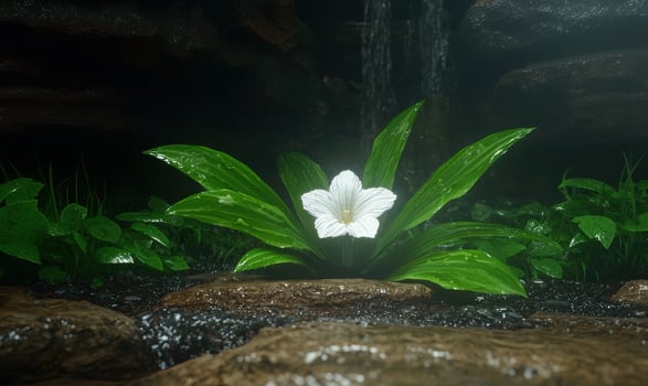 White flower growing among rocks near a waterfall photo