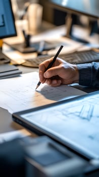 Hand Drawing Architectural Blueprints on Paper photo