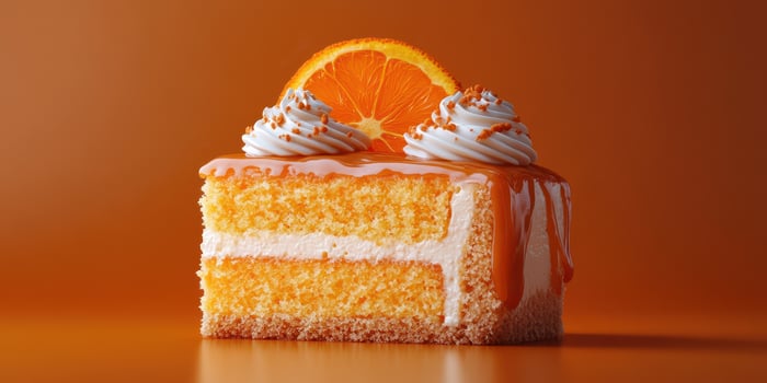 Delicious orange cake slice topped with whipped cream and orange slice against a vibrant orange background photo
