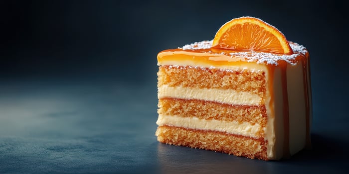Delicious layer cake topped with orange slice and caramel drizzle on dark background photo