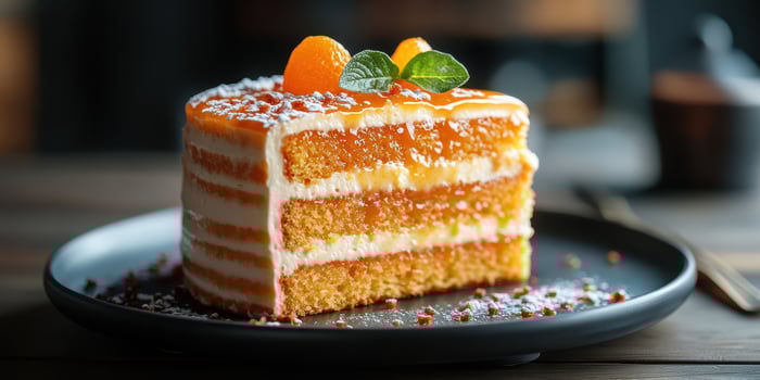 Delicious orange cake with layers of cream served on a black plate in a cozy setting photo