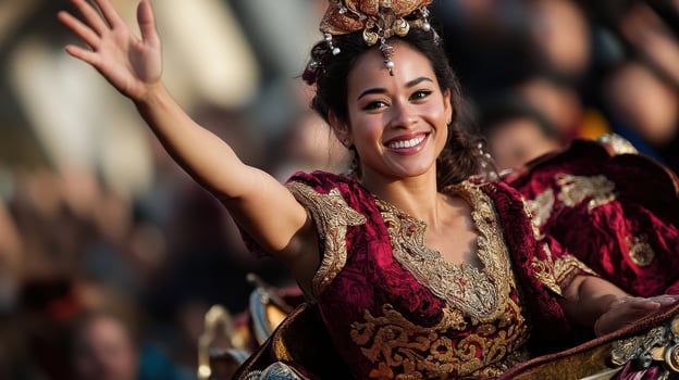 A smiling woman in ornate traditional attire waves during a festive celebration, showcasing cultural heritage and joy. photo