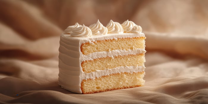 Delicious vanilla cake slice with creamy frosting on a soft backdrop during a cozy afternoon photo