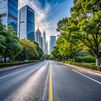 A scenic urban road lined with lush green trees and modern skyscrapers under a vibrant blue sky photo