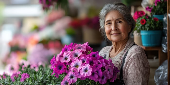 Elderly woman holding vibrant pink flowers at a bustling flower market photo