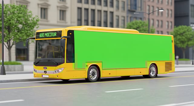 A yellow bus with green screen on the side of it photo