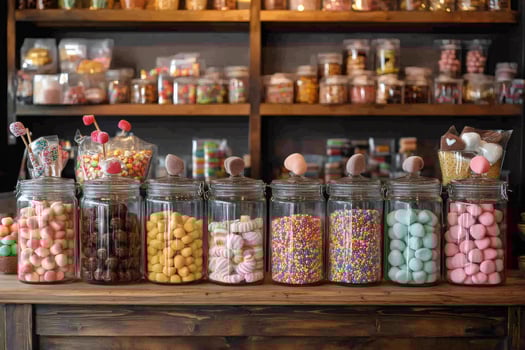 Colorful candies in glass jars filling a candy store shelf photo