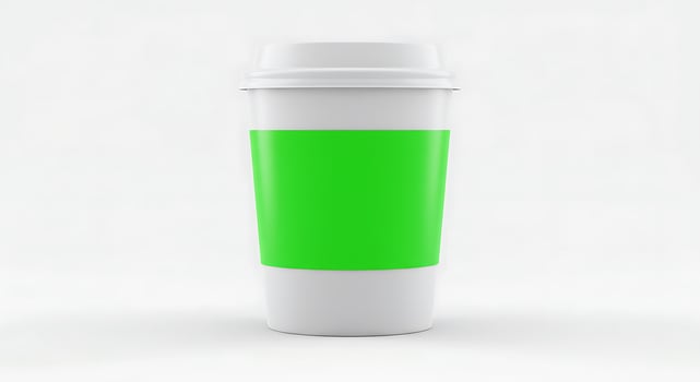 A green cup with a white lid on a white surface photo