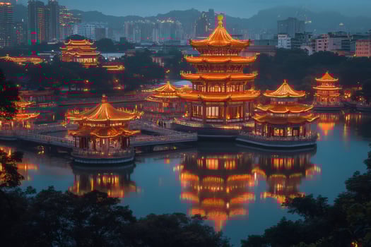 Traditional chinese pavilions reflecting on the lake at night in Nanhu Park, Guangxi, China photo