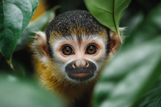 Common squirrel monkey hiding in the Amazon rainforest foliage photo