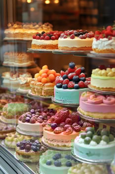 Delicious cakes with berries and fruits decorating a pastry shop window photo