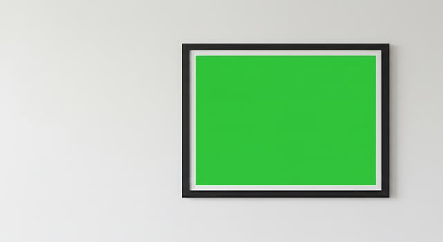 Green square frame mockup on white wall photo