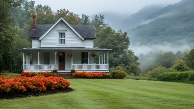 Classic white american house in the Smoky Mountains with fog covering the valley photo