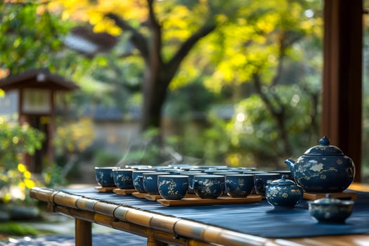 Steaming teacups and teapot ready for japanese tea ceremony in traditional house photo