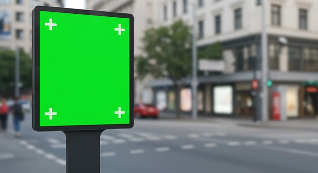 A green sign on a street corner with a city in the background photo