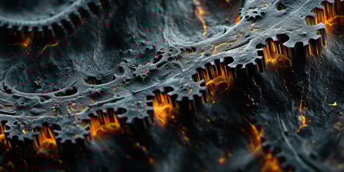 Intricate gears and machinery with glowing elements create a captivating visual of industry and innovation photo