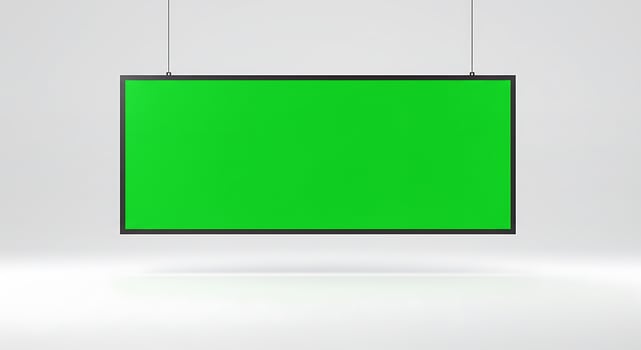 Green screen hanging on a wall with a white background photo