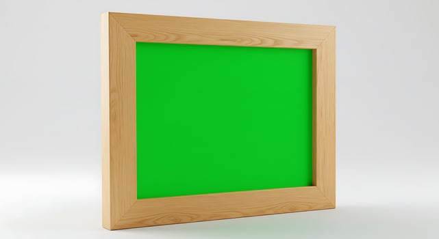 A green screen in a wooden frame on a white background photo