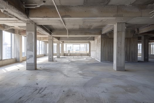 Empty industrial concrete space with raw unfinished walls, large windows, and structural pillars. Bright natural light photo