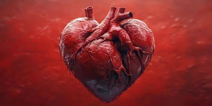 Realistic depiction of a human heart on a red background highlighting anatomical details and texture photo