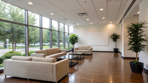 Bright Modern Office Lobby with Sofas, Large Windows, and Comfortable Atmosphere, Featuring Blank Whiteboard for Customization photo