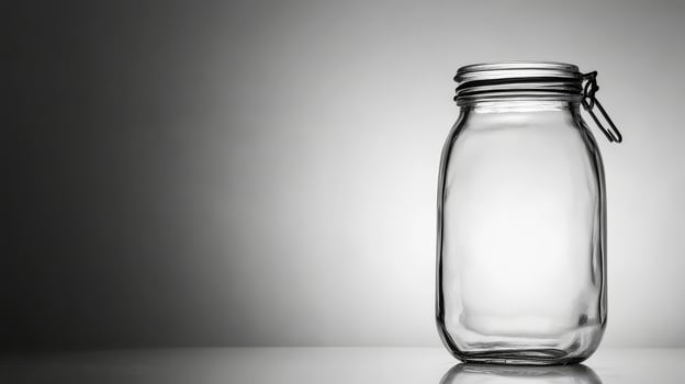 Empty glass jar with metal clasp on white surface photo