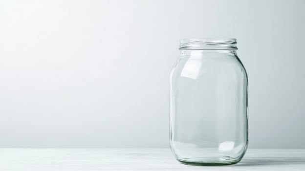 Clear glass jar resting on a white wooden table in soft light photo