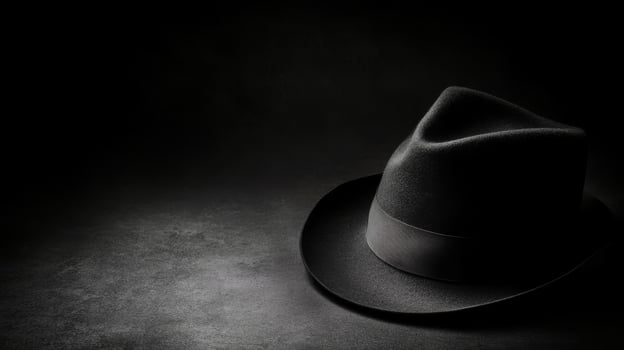 Classic black fedora resting on a dark surface in soft light photo