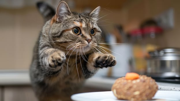 A cat leaps towards a treat on a plate, showcasing playful curiosity. photo