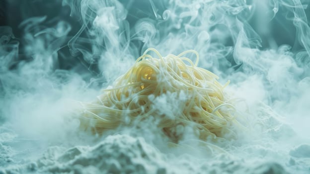 A steaming pile of pasta surrounded by a cloud of flour, creating a dramatic culinary scene. photo
