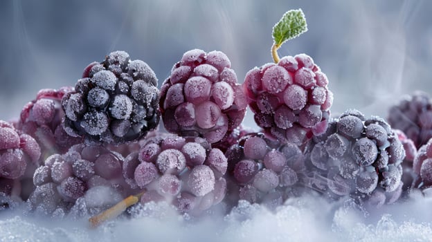 Frost-covered grapes arranged aesthetically on a snowy surface. photo
