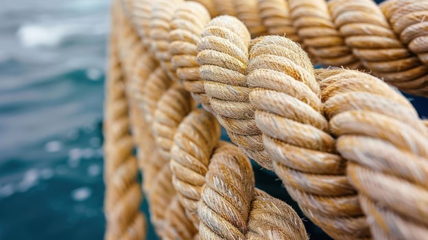 A close-up of intertwined rope against a backdrop of water. photo