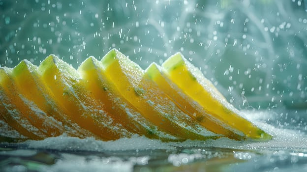 Slices of melon arranged artistically with a misty background and sugar. photo