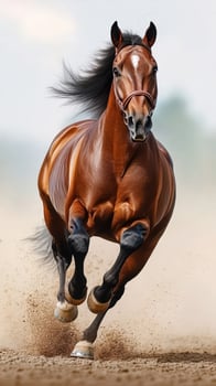 Majestic brown horse gallops across sandy terrain under a clear sky during the early morning light photo