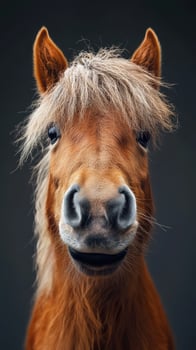 Cute pony with a fluffy mane smiles at the camera, showcasing its friendly personality in a studio setting photo