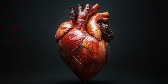 Realistic human heart model showcasing intricate details and textures in a dark background setting photo